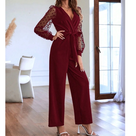 Classic Polka Dot Semi Sheer Long Sleeve Belted Straight Leg Jumpsuit - Picture 6 of 8